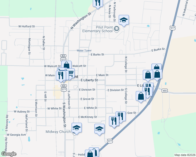 map of restaurants, bars, coffee shops, grocery stores, and more near 401 East Liberty Street in Pilot Point
