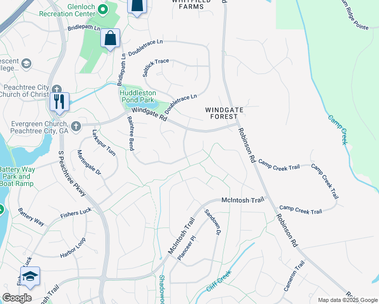 map of restaurants, bars, coffee shops, grocery stores, and more near 501 Raintree Hill in Peachtree City