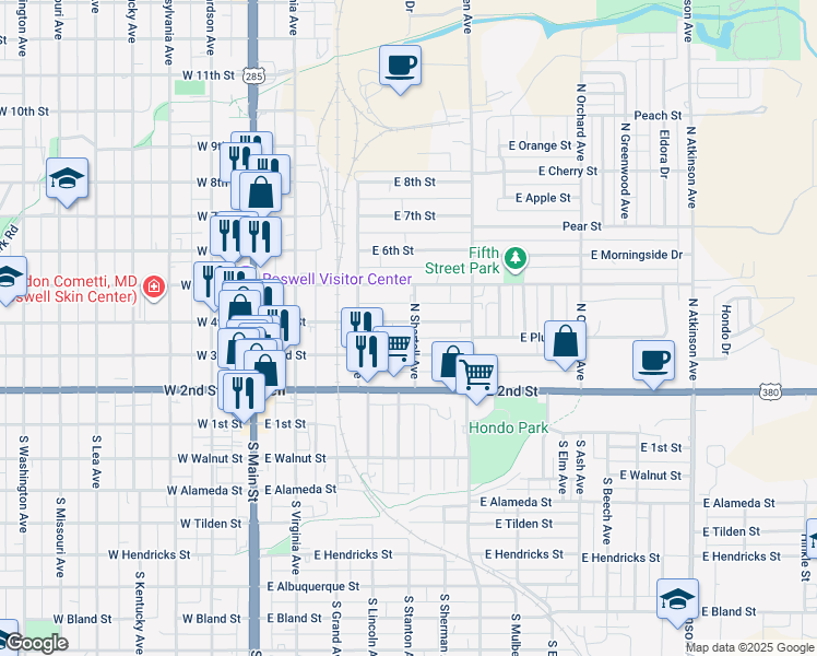 map of restaurants, bars, coffee shops, grocery stores, and more near 424 East 4th Street in Roswell