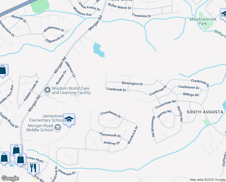 map of restaurants, bars, coffee shops, grocery stores, and more near 2816 Cranbrook Drive in Hephzibah