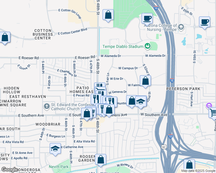 map of restaurants, bars, coffee shops, grocery stores, and more near 3003 S Fair Ln in Tempe