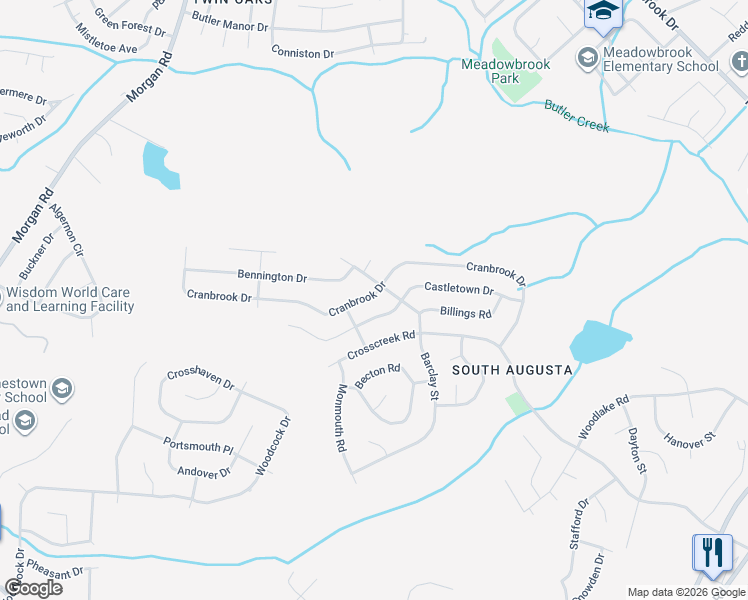 map of restaurants, bars, coffee shops, grocery stores, and more near 2643 Castletown Drive in Hephzibah