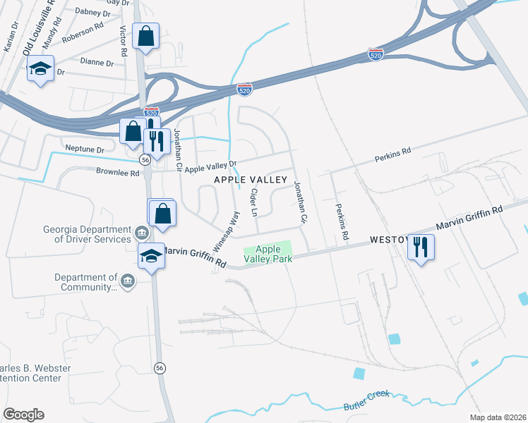 map of restaurants, bars, coffee shops, grocery stores, and more near 1645 Cider Lane in Augusta