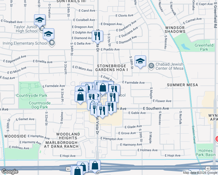 map of restaurants, bars, coffee shops, grocery stores, and more near 1015 South Val Vista Drive in Mesa