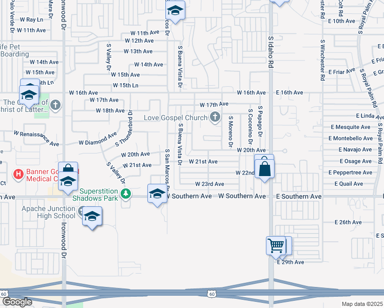map of restaurants, bars, coffee shops, grocery stores, and more near in Apache Junction