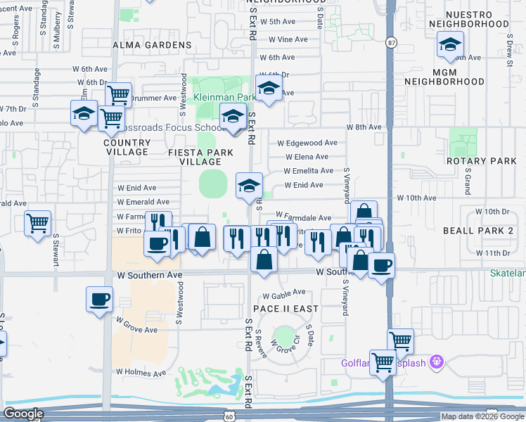 map of restaurants, bars, coffee shops, grocery stores, and more near 731 West Farmdale Avenue in Mesa