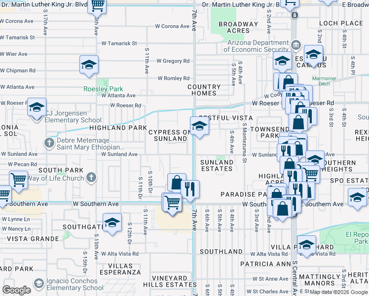 map of restaurants, bars, coffee shops, grocery stores, and more near 5514 South 7th Drive in Phoenix