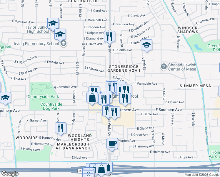 map of restaurants, bars, coffee shops, grocery stores, and more near 1050 South Val Vista Drive in Mesa