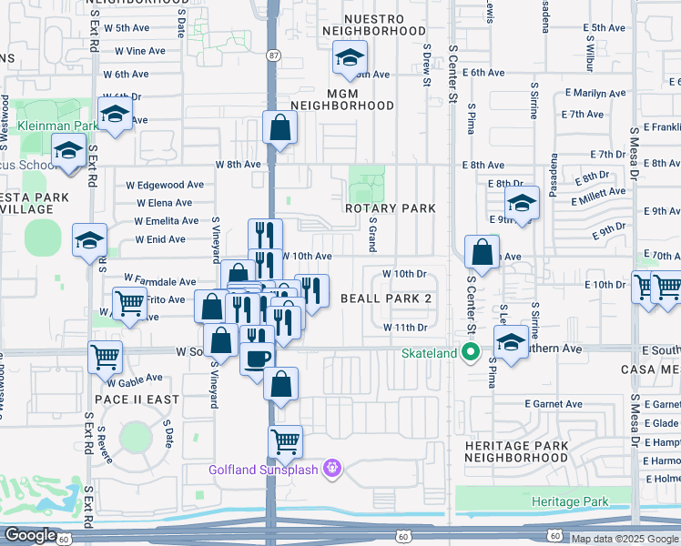 map of restaurants, bars, coffee shops, grocery stores, and more near 233 West 10th Place in Mesa