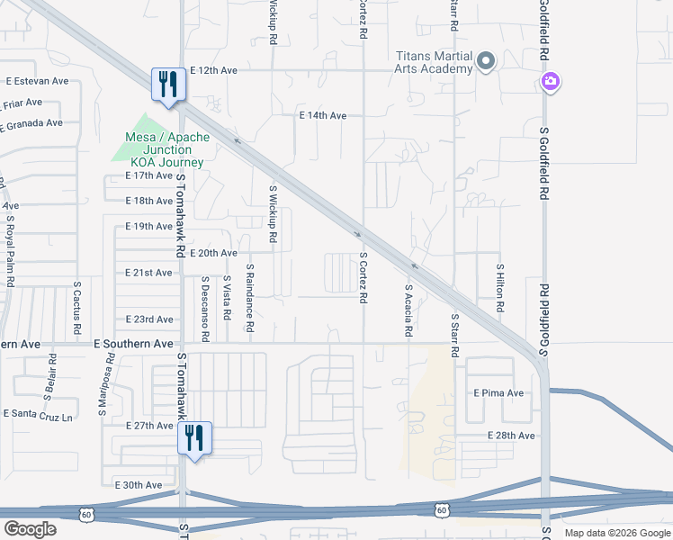 map of restaurants, bars, coffee shops, grocery stores, and more near Wickiup in Apache Junction