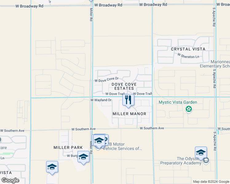 map of restaurants, bars, coffee shops, grocery stores, and more near 24984 West Dove Trail in Buckeye