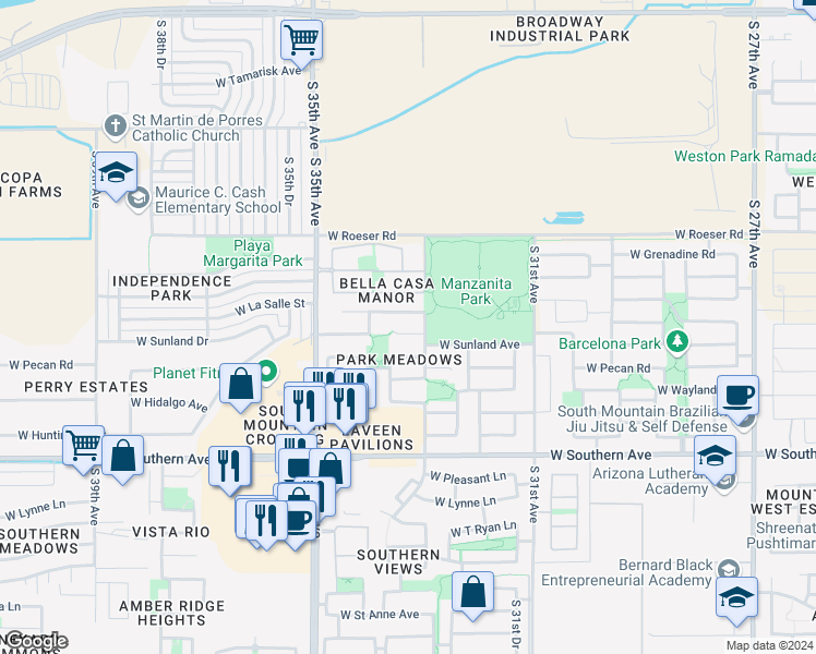 map of restaurants, bars, coffee shops, grocery stores, and more near 3318 West Sunland Avenue in Phoenix