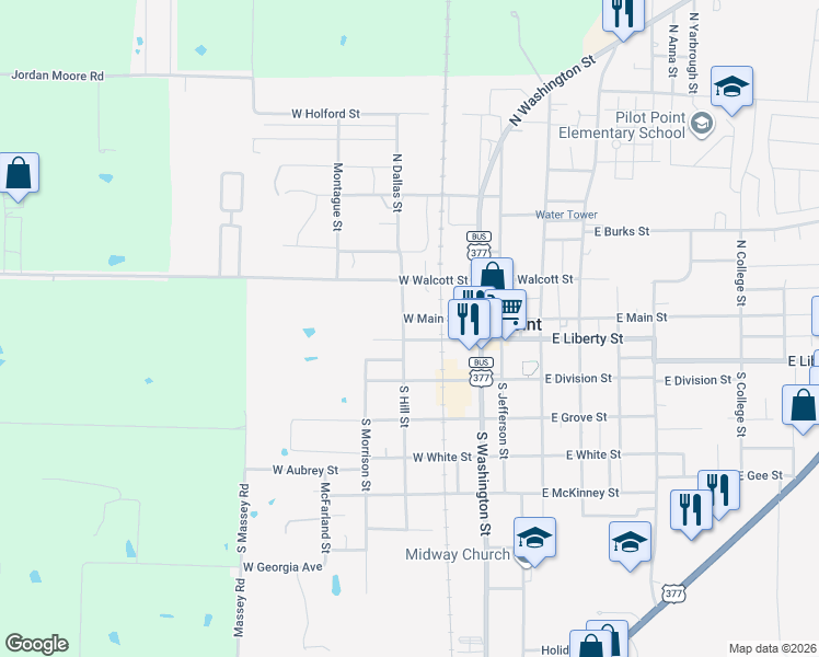 map of restaurants, bars, coffee shops, grocery stores, and more near 112 South Hill Street in Pilot Point