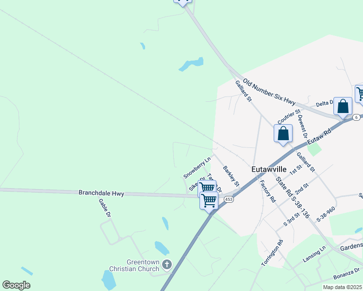 map of restaurants, bars, coffee shops, grocery stores, and more near 1 Barkley Street in Eutawville