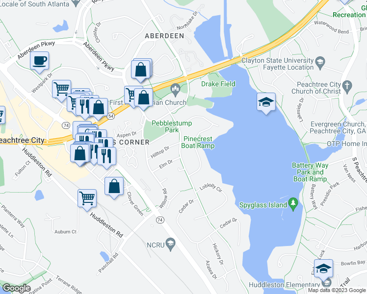 map of restaurants, bars, coffee shops, grocery stores, and more near 401 Hip Pocket Road in Peachtree City