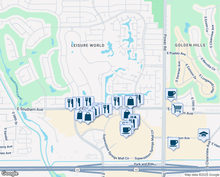 map of restaurants, bars, coffee shops, grocery stores, and more near 393 Leisure World in Mesa