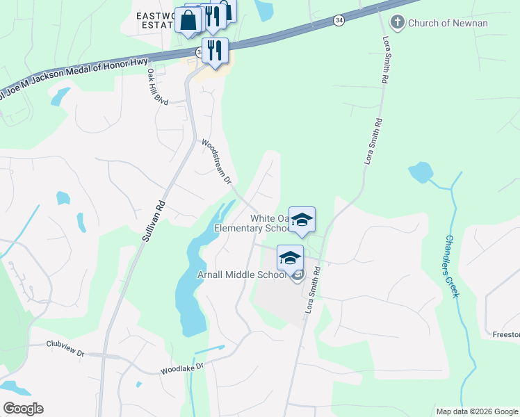 map of restaurants, bars, coffee shops, grocery stores, and more near 140 Woodstream Drive in Newnan