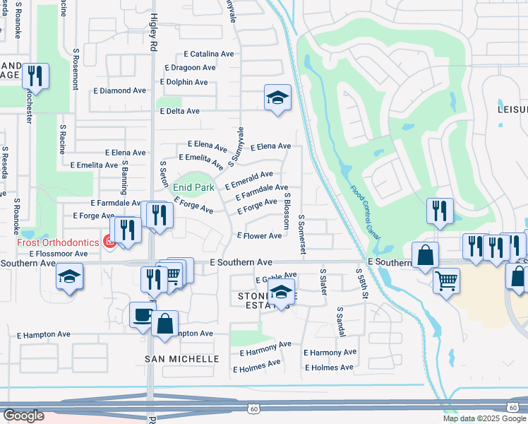map of restaurants, bars, coffee shops, grocery stores, and more near 5453 East Florian Avenue in Mesa