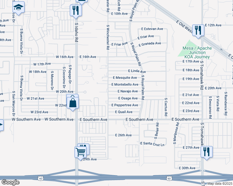 map of restaurants, bars, coffee shops, grocery stores, and more near 546 East Osage Avenue in Apache Junction