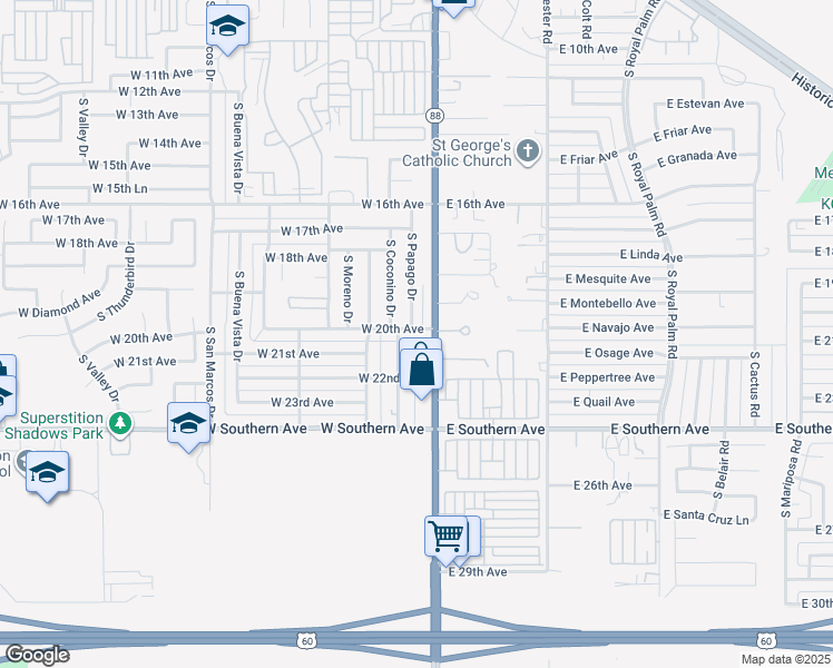 map of restaurants, bars, coffee shops, grocery stores, and more near 2200 South Coconino Drive in Apache Junction