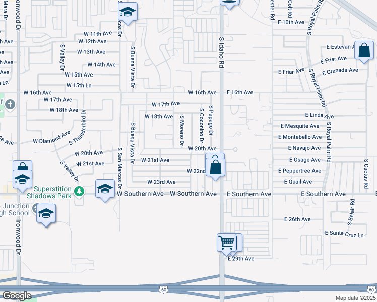 map of restaurants, bars, coffee shops, grocery stores, and more near 230 West 21st Avenue in Apache Junction