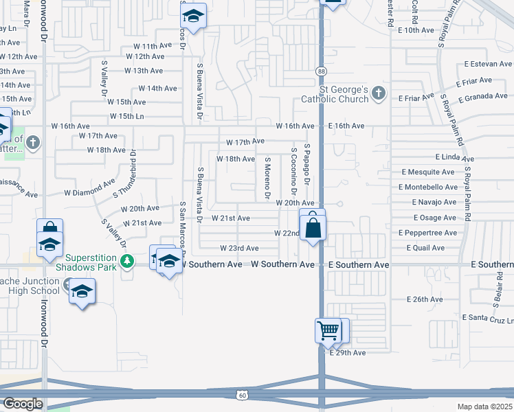 map of restaurants, bars, coffee shops, grocery stores, and more near 400 West 21st Avenue in Apache Junction