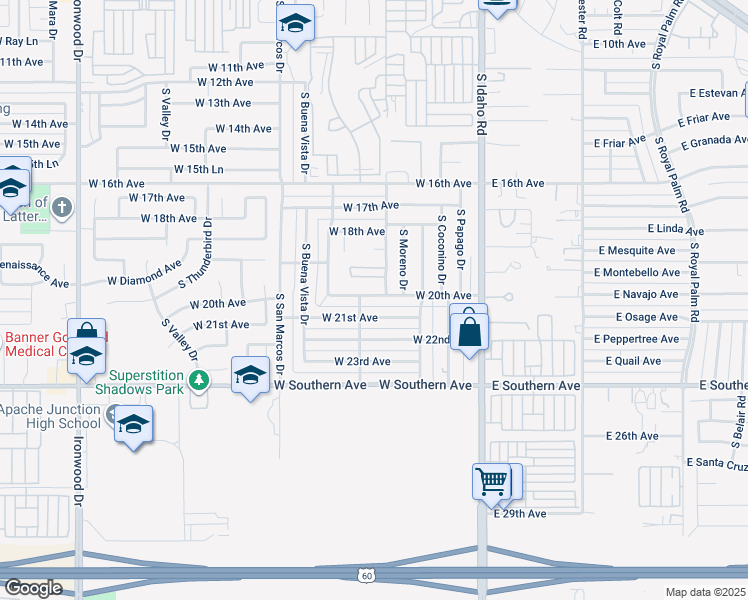 map of restaurants, bars, coffee shops, grocery stores, and more near 400 West 21st Avenue in Apache Junction