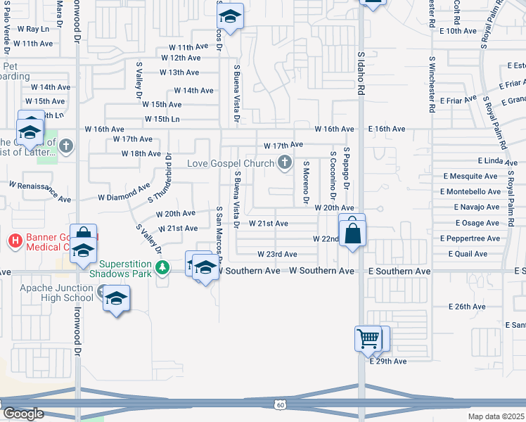 map of restaurants, bars, coffee shops, grocery stores, and more near in Apache Junction