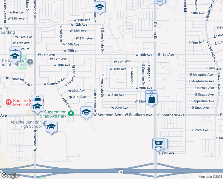 map of restaurants, bars, coffee shops, grocery stores, and more near in Apache Junction