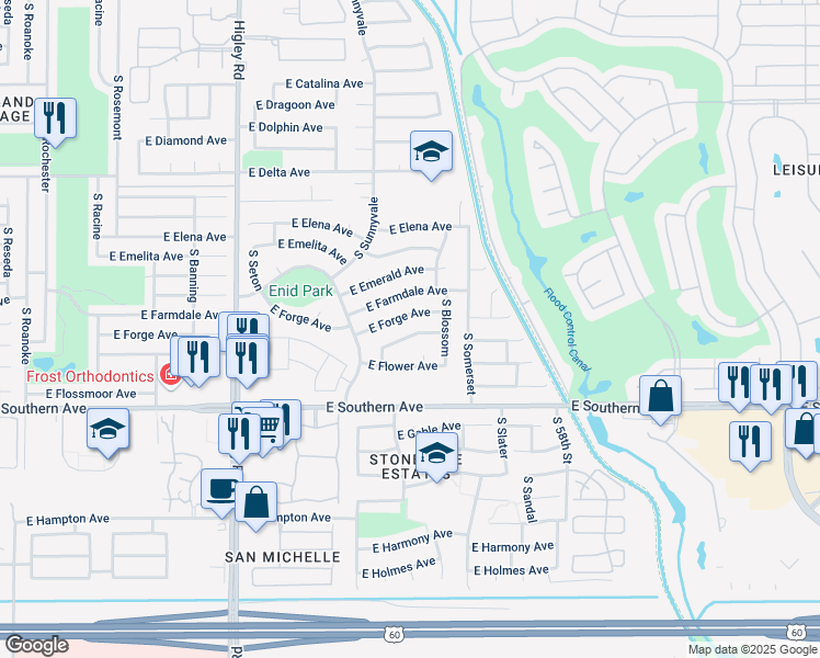 map of restaurants, bars, coffee shops, grocery stores, and more near 5453 East Florian Avenue in Mesa