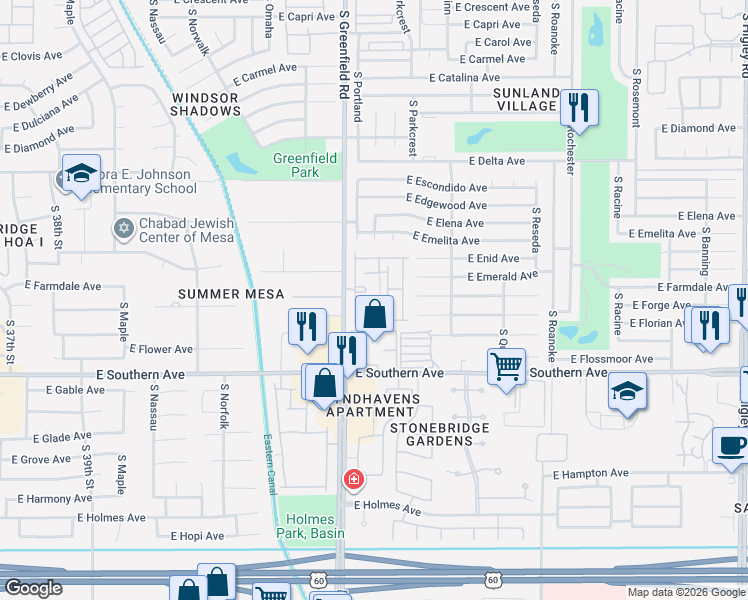 map of restaurants, bars, coffee shops, grocery stores, and more near 1021 South Greenfield Road in Mesa