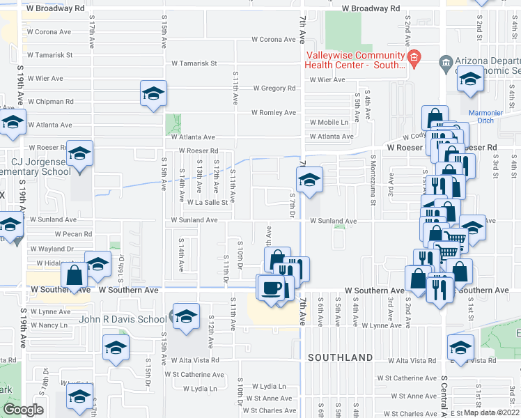 map of restaurants, bars, coffee shops, grocery stores, and more near 912 West Sunland Avenue in Phoenix