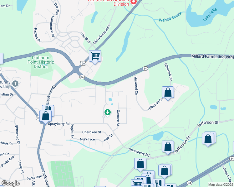 map of restaurants, bars, coffee shops, grocery stores, and more near 11 Evan Court in Newnan