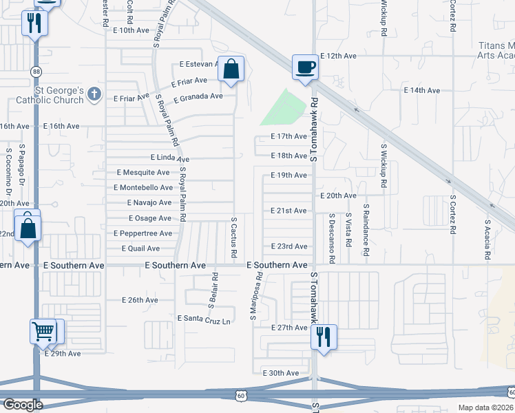 map of restaurants, bars, coffee shops, grocery stores, and more near 2104 South Mariposa Road in Apache Junction