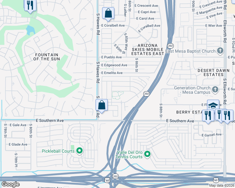 map of restaurants, bars, coffee shops, grocery stores, and more near 8500 East Southern Avenue in Mesa