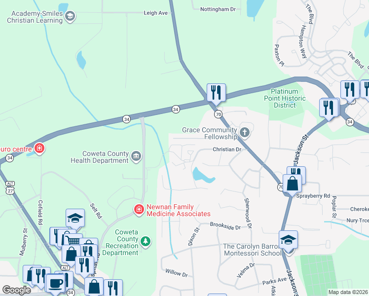map of restaurants, bars, coffee shops, grocery stores, and more near 80 Christian Drive in Newnan