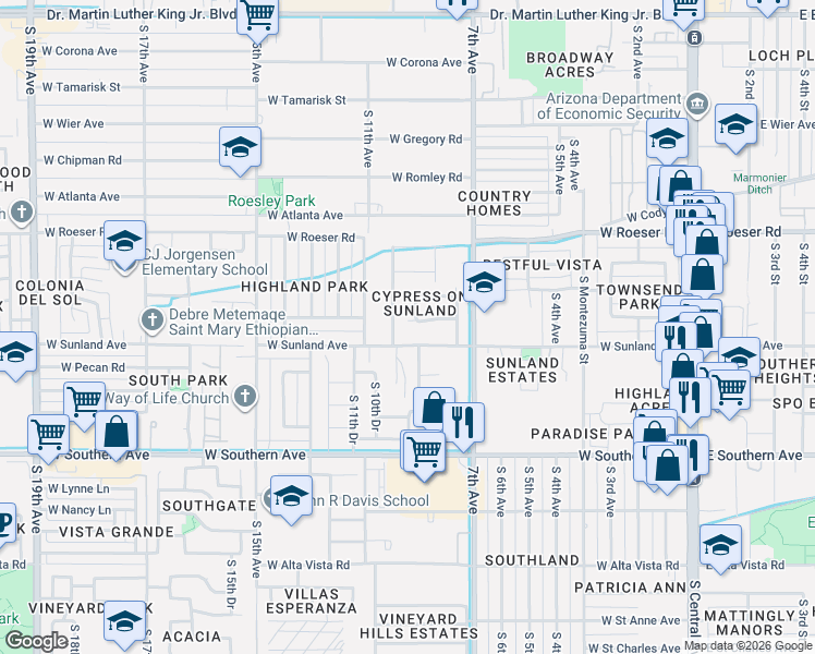 map of restaurants, bars, coffee shops, grocery stores, and more near 912 West Sunland Avenue in Phoenix