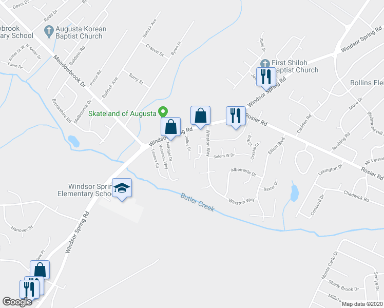map of restaurants, bars, coffee shops, grocery stores, and more near 2116 Julius Drive in Augusta