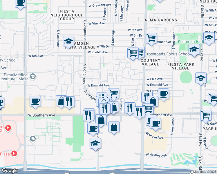 map of restaurants, bars, coffee shops, grocery stores, and more near 19 Indian Springs Village Apartments in Mesa
