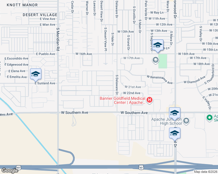 map of restaurants, bars, coffee shops, grocery stores, and more near 1716-1728 South Delaware Drive in Apache Junction