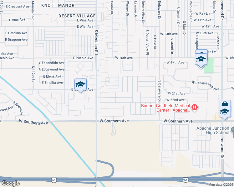map of restaurants, bars, coffee shops, grocery stores, and more near 2101 South Meridian Road in Apache Junction