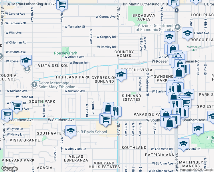 map of restaurants, bars, coffee shops, grocery stores, and more near 710 West Sunland Avenue in Phoenix