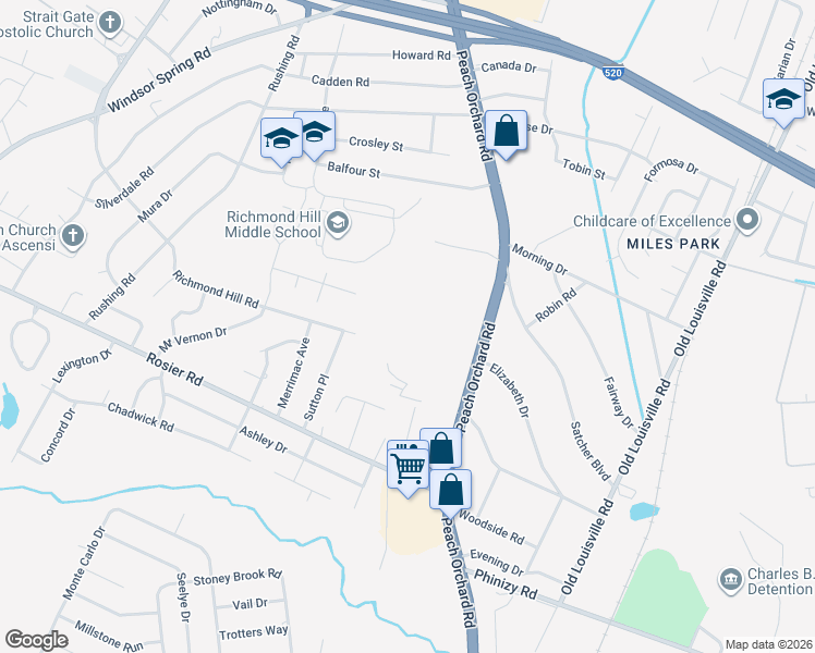 map of restaurants, bars, coffee shops, grocery stores, and more near 3417 Peach Orchard Road in Augusta