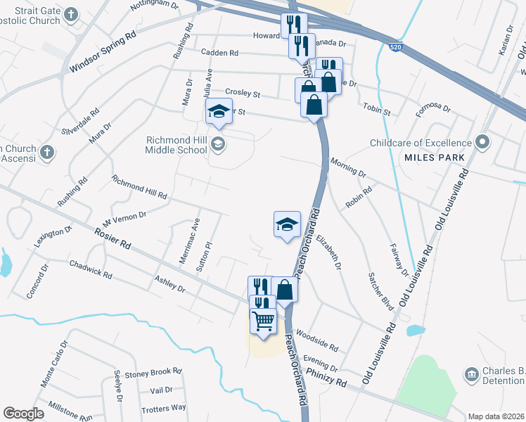map of restaurants, bars, coffee shops, grocery stores, and more near 3417 Peach Orchard Road in Augusta