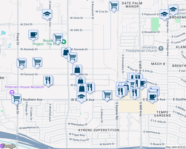 map of restaurants, bars, coffee shops, grocery stores, and more near 3000 South Roosevelt Street in Tempe