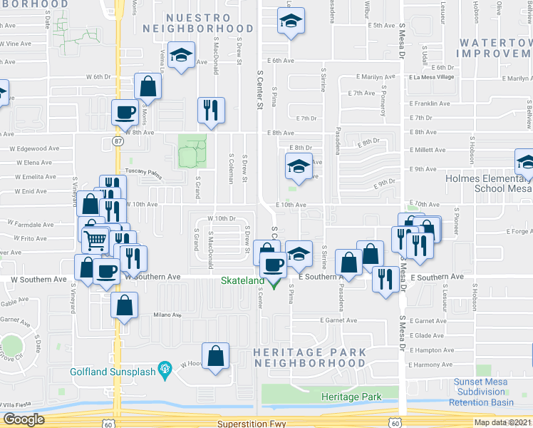 map of restaurants, bars, coffee shops, grocery stores, and more near 1020 South Center Street in Mesa