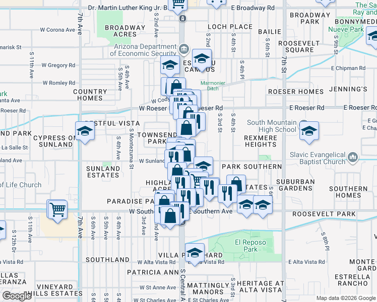 map of restaurants, bars, coffee shops, grocery stores, and more near 10 East Sunland Avenue in Phoenix
