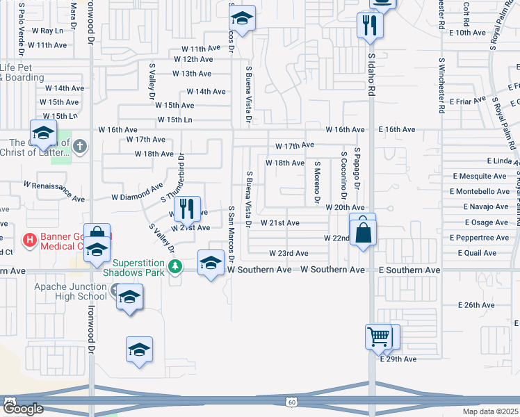 map of restaurants, bars, coffee shops, grocery stores, and more near 688 West 21st Avenue in Apache Junction