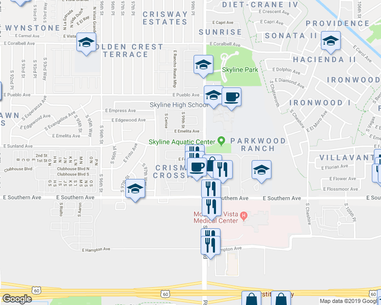 map of restaurants, bars, coffee shops, grocery stores, and more near 1037 South Amandes in Mesa