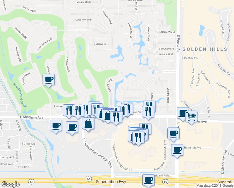 map of restaurants, bars, coffee shops, grocery stores, and more near 388 Leisure World in Mesa